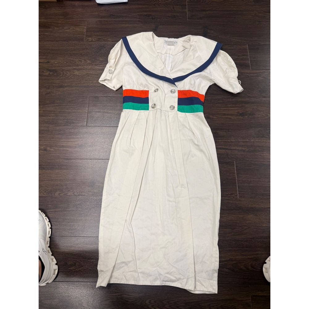 VTG 80s Maggy Boutique Sailor Dress Nautical Colorblock Double Breasted Midi 10